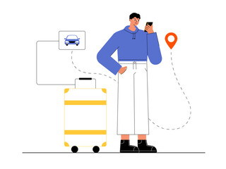 Man determining a road trip destination on a smartphone. Road trip illustration. Flat vector illustration concept.