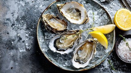 Fresh oysters on ice with lemon wedges on dark background.

