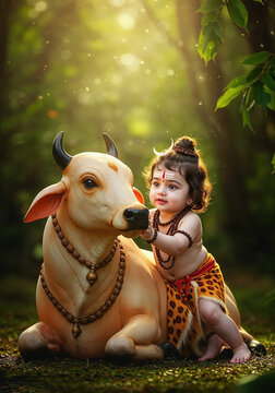 Baby lord shiva with sacred nandi bull in a sunlit forest representing divine connection and natures beauty