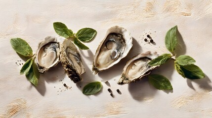 Top-down gourmet arrangement of opened oysters with mint leaves on light textured surface.

