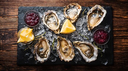 Overhead view of fresh oysters on melting ice with dipping sauces and lemon wedges.
