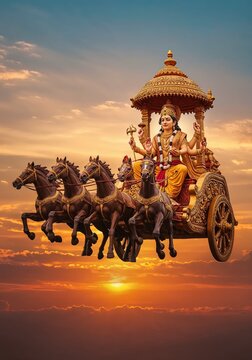 Lord surya the sun god riding his majestic chariot pulled by seven horses across a fiery sunset sky