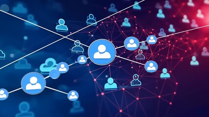 Abstract digital network representation with user icons connected by lines against a vibrant background - Powered by Adobe
