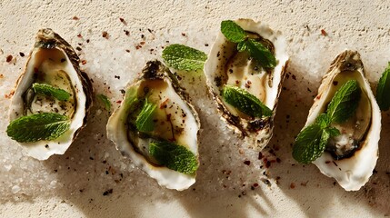 Top-down gourmet arrangement of opened oysters with mint leaves on light textured surface.
