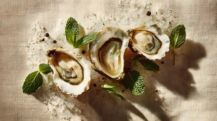 Top-down gourmet arrangement of opened oysters with mint leaves on light textured surface.
