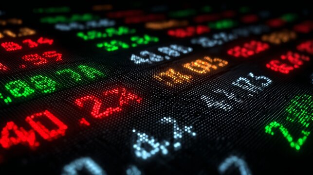 Colorful stock market ticker display showing various financial data, prices, and trends in a digital format on a dark background - Powered by Adobe