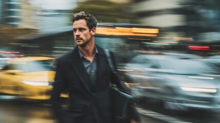 Professional man in business attire hurries across a busy city street with blurred taxi cabs and traffic in the background