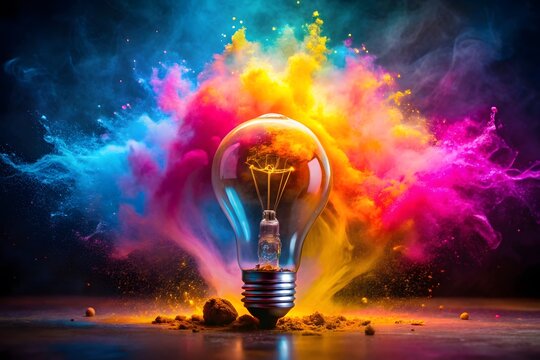 Explosion of colorful ideas and creativity emanating from a light bulb