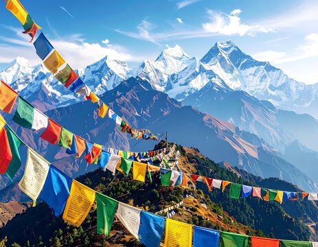 Colorful prayer flags waving against a backdrop of snow-capped mountains