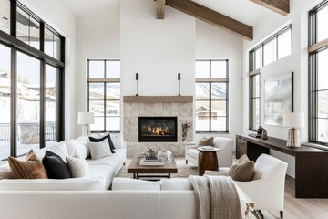 Fototapeta premium Sleek Modern Living Room with Ski Slope Views, Fireplace, and Natural Stone Decor - Studio McGee Style