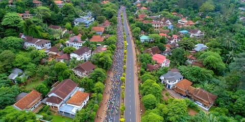 People walking/running marathon, aerial view on a main road, city