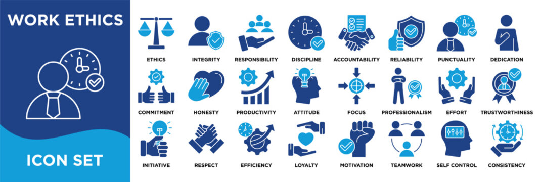 WORK ETHICS icon collection set. Containing ethics,integrity,responsibility,discipline,accountability,reliability,punctuality,dedication,commitment,honesty icon. dual tone vector.	