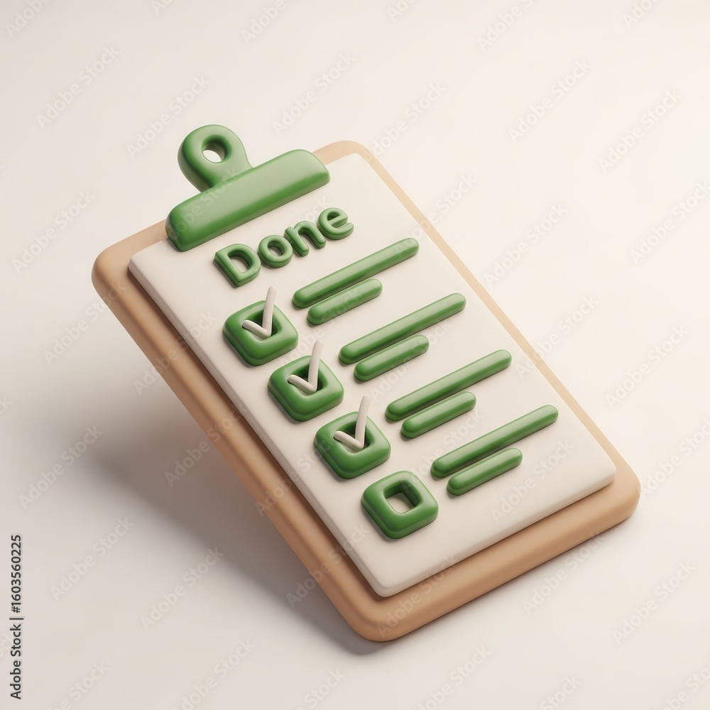 Aufkleber green 3 d checklist clipboard with done word and checked boxes task completed