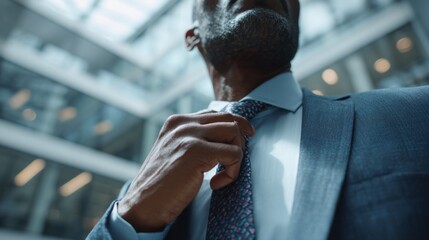 Businessman Adjusting His Tie in Modern Office Environment with Glass Windows and Contemporary Architecture