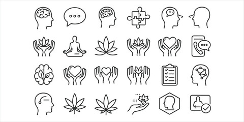 Collection of black line art icons representing mental health and wellness concepts brain head