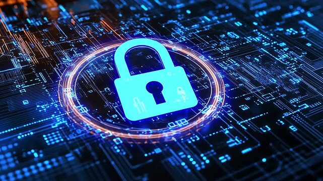 Digital security concept with a glowing padlock symbolizing data protection in a tech environment