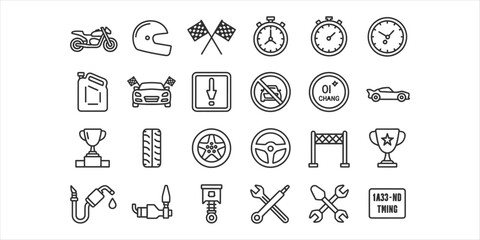 Collection of black outline icons for racing and automotive themes motorcycle helmet
