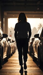 Silhouette of woman walking between cars at sunset automotive industry car dealership