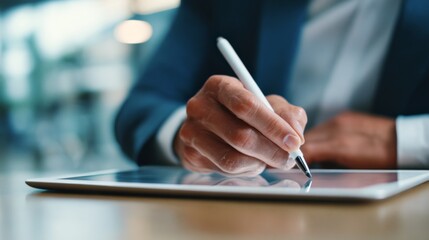 Business Professional Using Digital Tablet Stylus to Create Innovative Designs and Ideas in Modern Office Environment