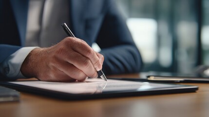 Business Professional Signing Document on Tablet with Pen in Modern Office Environment during Daylight Hours
