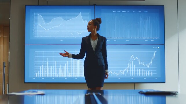 Businesswoman Presenting Financial Data in Modern Conference Room with Digital Charts on Large Screens Behind Her