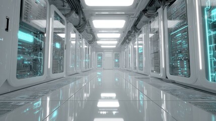 Naklejka premium Futuristic sci-fi corridor with glowing lights and sleek panels in a high-tech environment