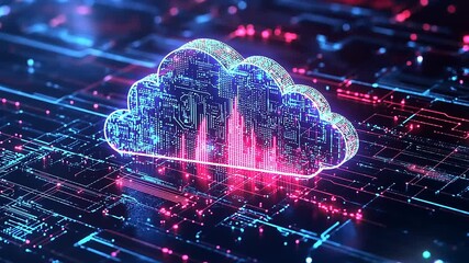 Futuristic digital cloud computing concept with vibrant neon lights and data streams in a tech environment - Powered by Adobe
