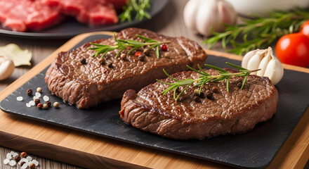 Delicious grilled beef steaks seasoned with fresh rosemary and peppercorns served on a rustic wooden board for an authentic culinary experience and perfect grilling advertisement