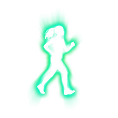 Silhouette of running woman with green glowing burst on transparent background
