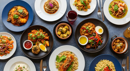 Delicious diverse cuisine showcasing global flavors for food lovers and culinary adventures, perfect for restaurant menus, foodie blogs, and healthy eating lifestyle promotions