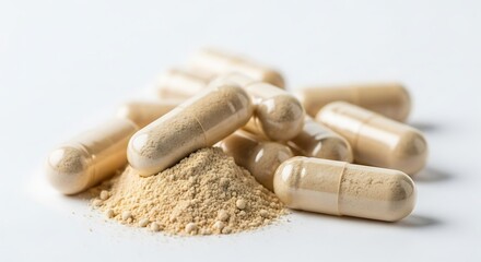 Close-up studio shot of supplement capsules and powder on white background showing nutritional