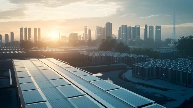 A stunning sunrise over a modern skyline, showcasing modern energy storageand urban development in the foreground.