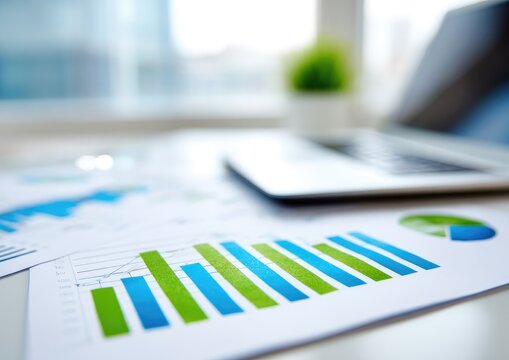 Business charts on papers, laptop