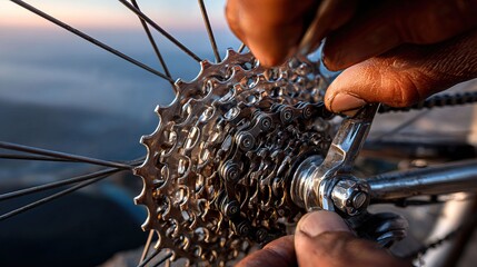 Close-up of hands adjusting gears on a bicycle with a scenic background