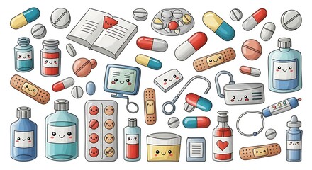Collection of charming cartoon medical illustrations for healthcare designs and children's