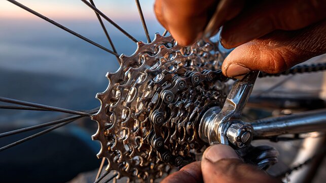 Close-up of hands adjusting gears on a bicycle with a scenic background