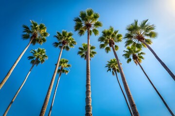 Towering palm trees reaching towards a brilliant blue sky on a sunny day