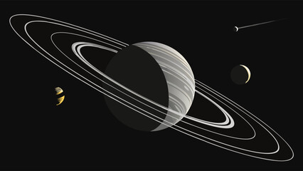 Saturn with Rings and Other Celestial Bodies.