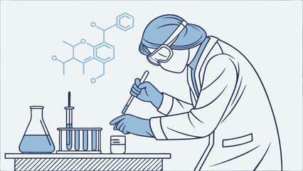 Scientist Conducting Experiment in Laboratory with Chemical Structure.