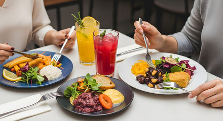 Delicious vegan lunch date in stylish restaurant with vibrant salads and colorful drinks, perfect for healthy lifestyle and mindful eating advertisements