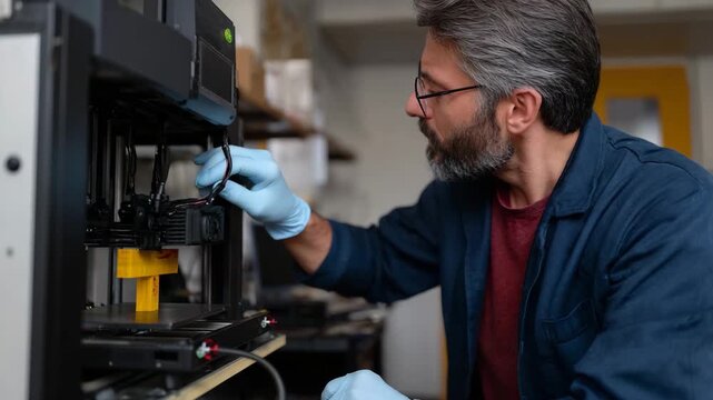 A thoughtful engineer wearing glasses inspects a 3D printer, showcasing the intersection of technology and creativity in modern engineering and design practices.