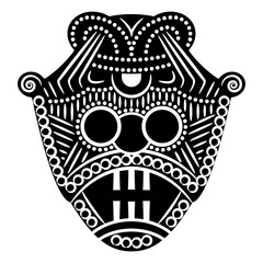 Ethnic Viking mask from ancient Denmark. Stylized human face. Norse mythology. Deity Loki or Odin. Black and white silhouette.