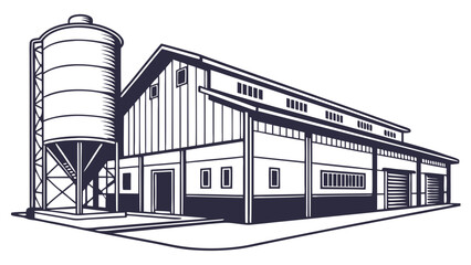 Stylized Illustration of a Farm Building with Silo in Dark Blue.