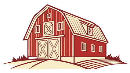 Stylized Red Barn with Cream Accents on a Farm Landscape.