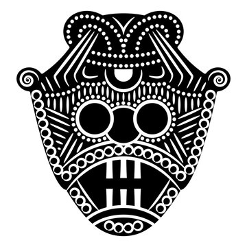 Ethnic Viking mask from ancient Denmark. Stylized human face. Norse mythology. Deity Loki or Odin. Black and white silhouette.