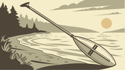Vintage Canoe Paddle on Sandy Beach at Sunset.