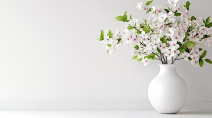 Elegant White Vase Filled with Beautiful Cherry Blossom Flowers Against a Soft Textured Wall