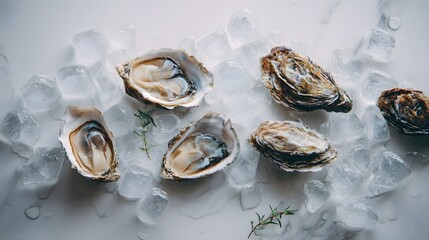 Opened oysters on ice cubes with herbs on minimalist white surface.

