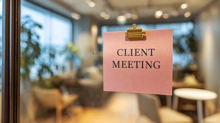 Client meeting sign on glass door in modern office.