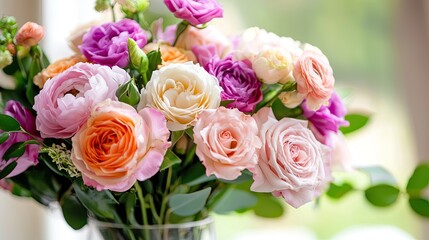 Obraz premium Beautiful bouquet of pastel roses showcasing various colors and textures in a bright and airy setting, perfect for floral designs